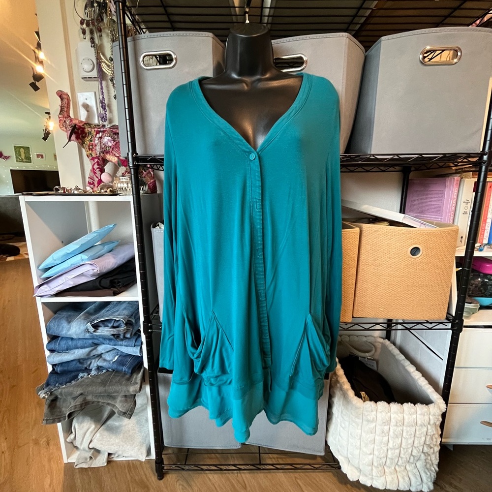 LOGO by Lori Goldstein Teal Button-Front Draped Long Sleeve Top